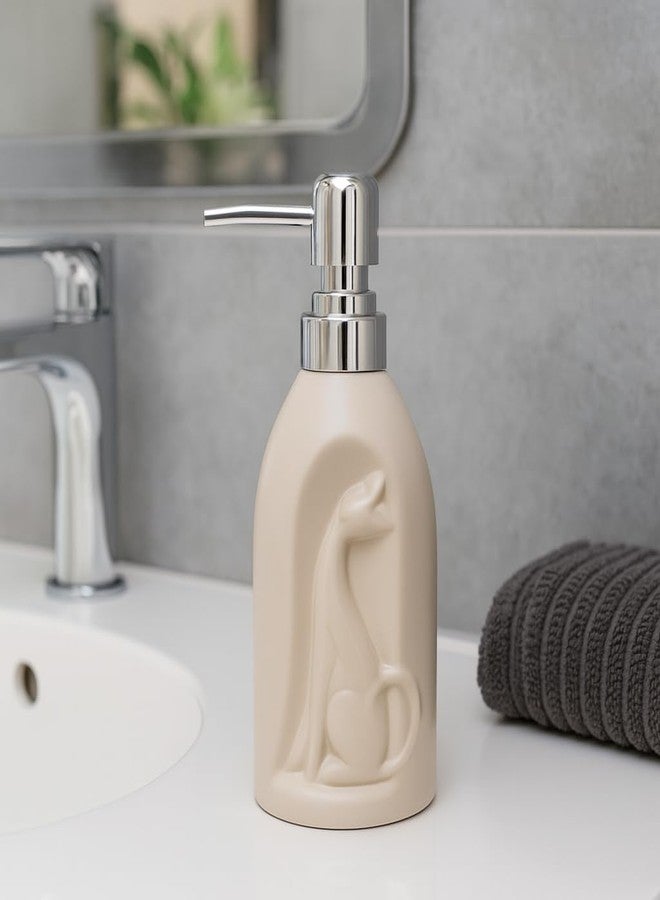 Whizzo Ceramic Cat Design Soap Dispenser with Chrome Pump | Refillable Lotion & Hand Wash Bottle for Bathroom & Kitchen (360ML, LD-201-Cat, Beige) - Image 2